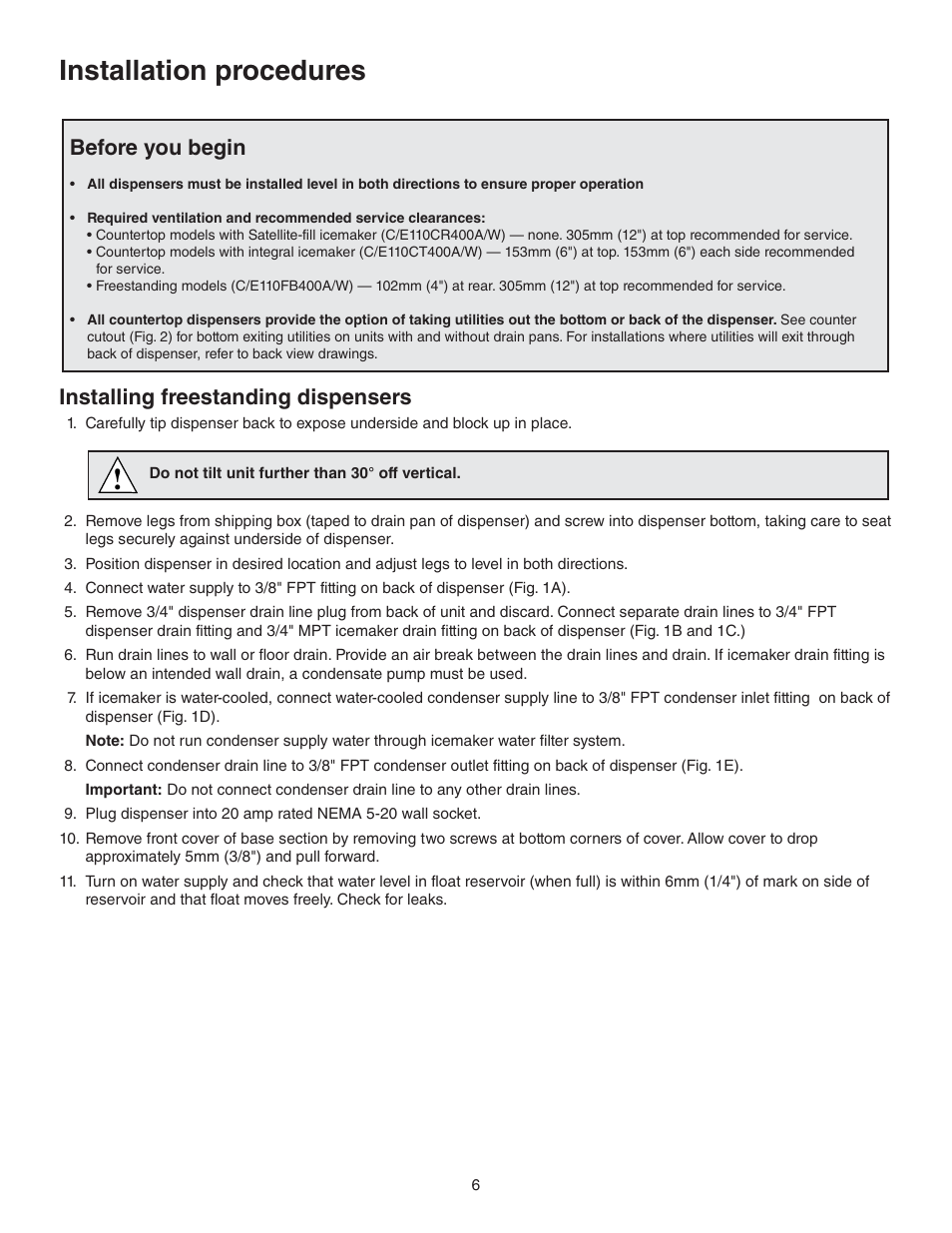 Installation procedures, Installing freestanding dispensers, Before you begin | Follett 110 Series User Manual | Page 6 / 28