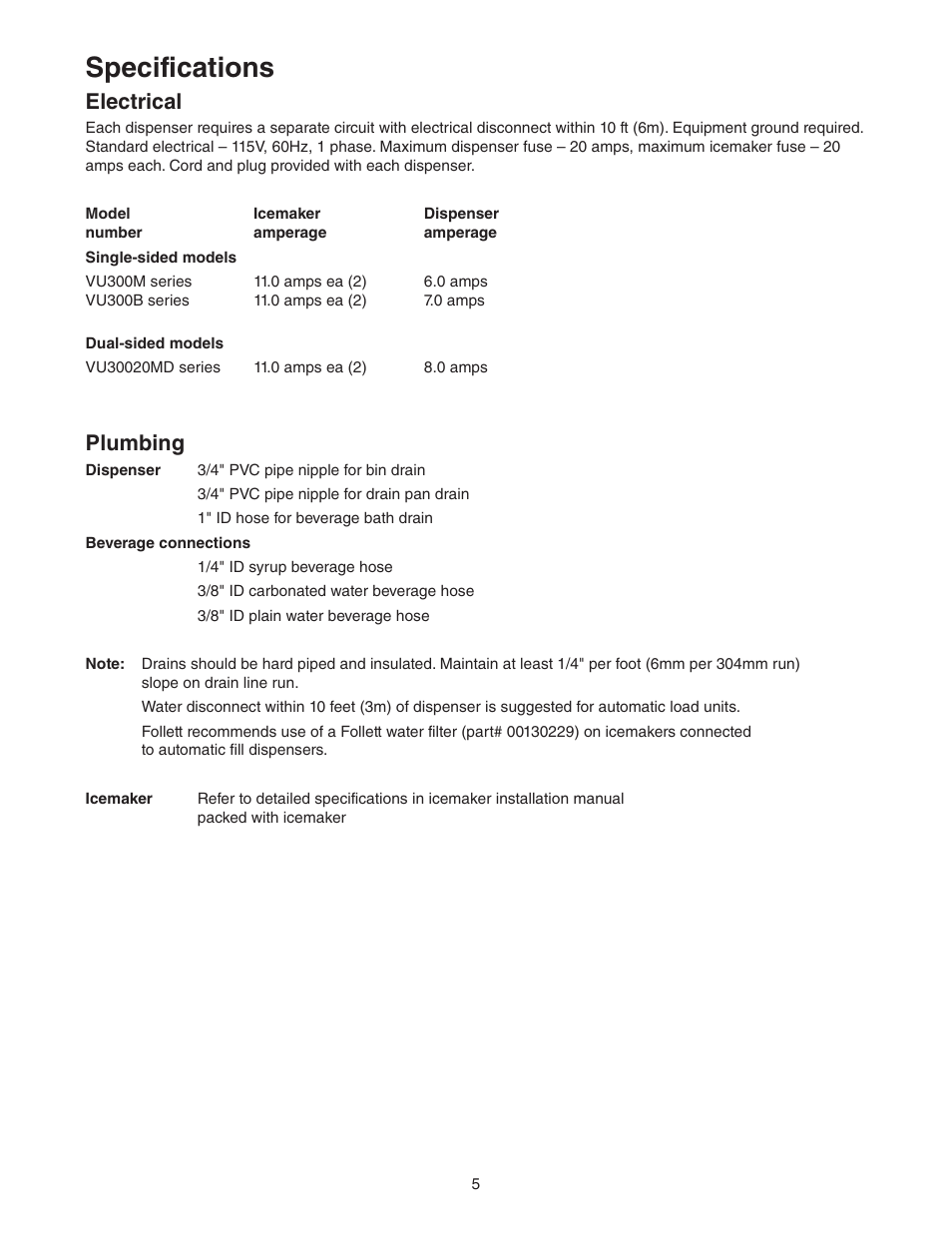 Specifications, Electrical, Plumbing | Follett VU300 User Manual | Page 4 / 22