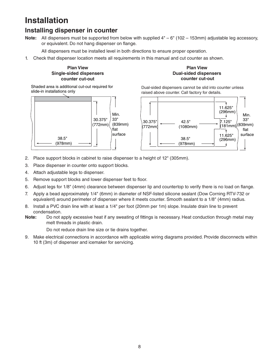 Installation, Installing dispenser in counter | Follett VU300 User Manual | Page 7 / 22