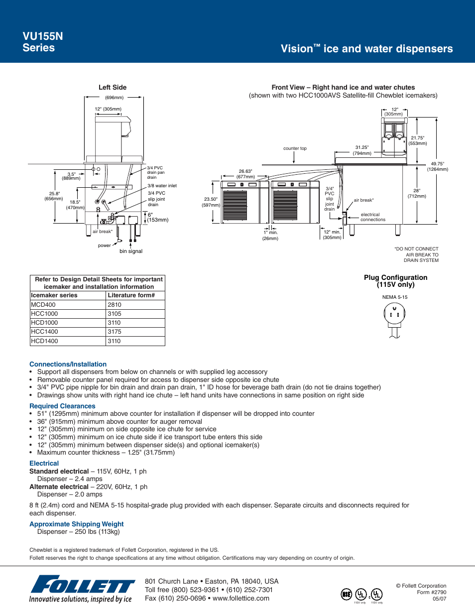 Vision, Ice and water dispensers vu155n series, Plug configuration (115v only) | Follett VU155N User Manual | Page 2 / 2