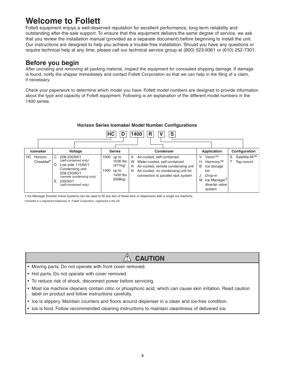 Welcome to follett, Before you begin, Caution | Follett HCD1400R User Manual | Page 4 / 40