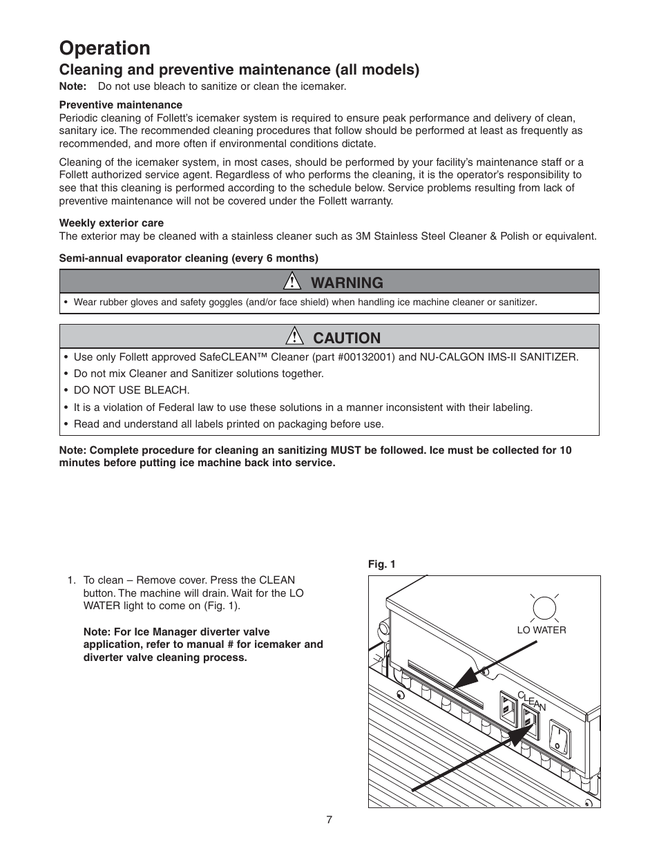 Operation, Cleaning and preventive maintenance (all models), Warning | Caution | Follett HCD1400R User Manual | Page 7 / 40