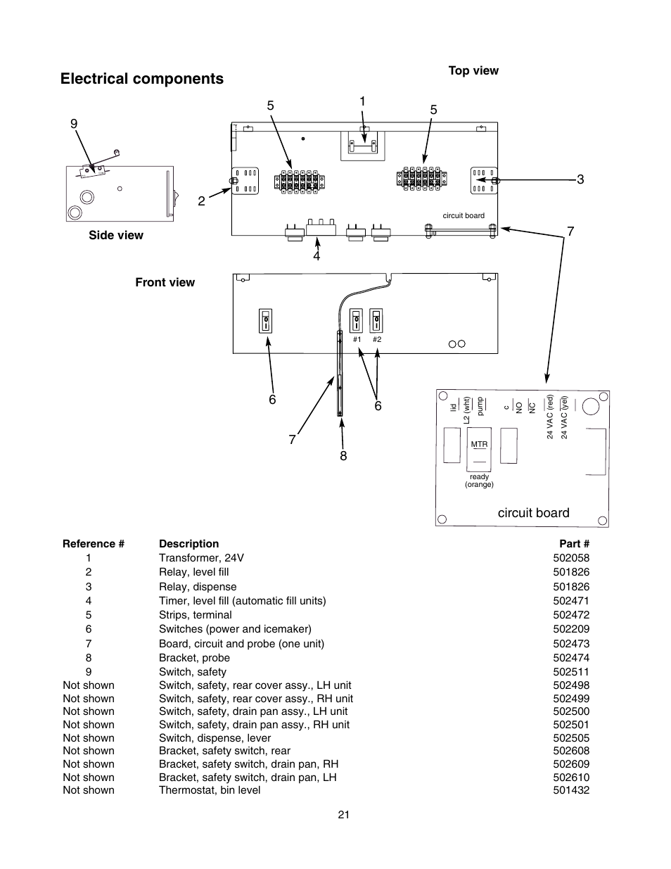 Electrical components, Top view front view, Side view | Follett U155 User Manual | Page 22 / 24