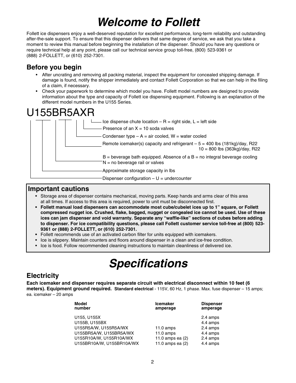 Welcome to follett, Specifications, U155br5axr | Before you begin, Electricity, Important cautions | Follett U155 User Manual | Page 3 / 24