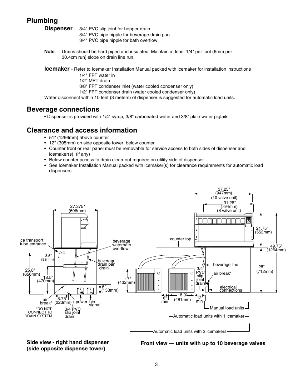 Plumbing, Beverage connections, Clearance and access information | Dispenser, Icemaker | Follett U155 User Manual | Page 4 / 24