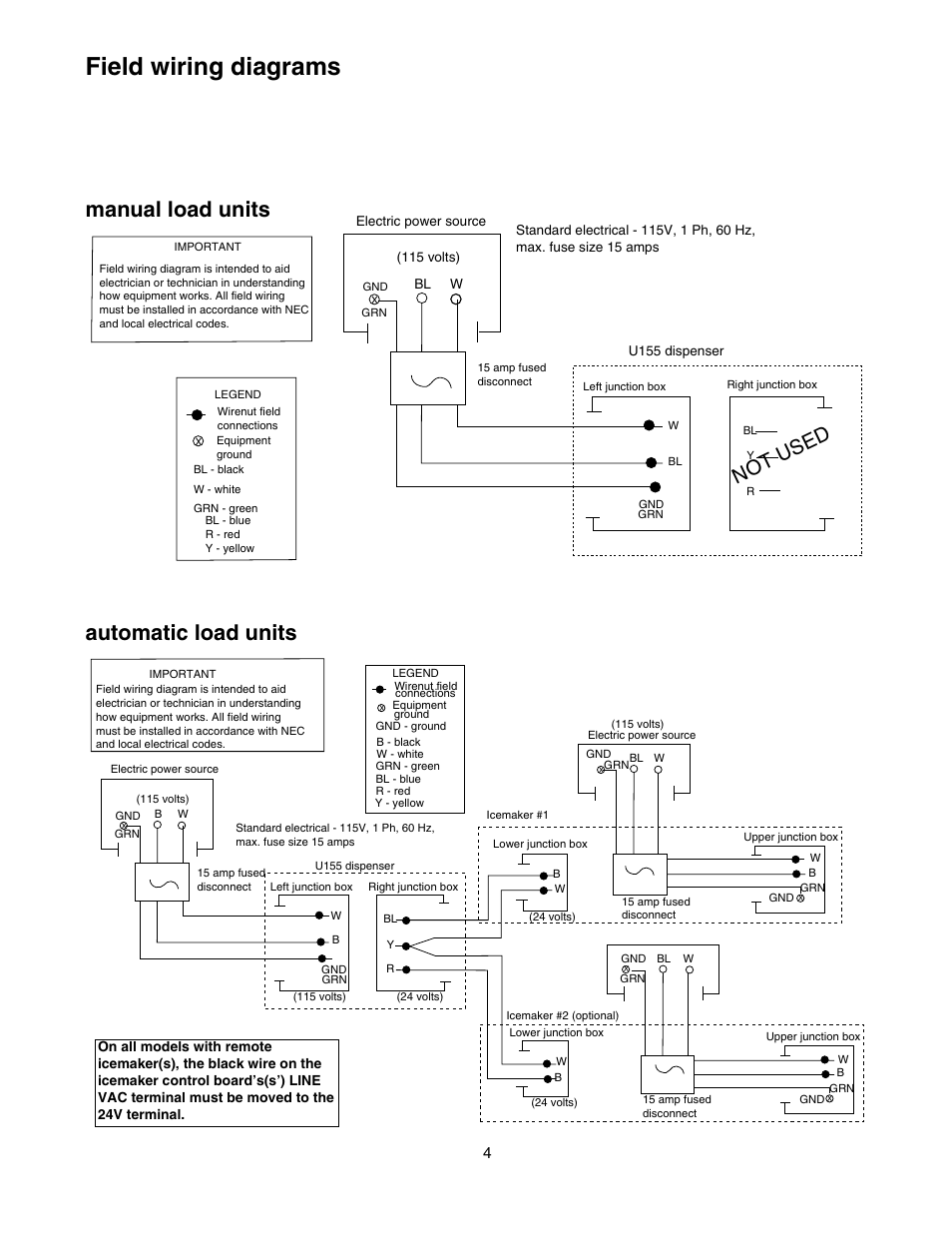 Field wiring diagrams, Automatic load units, Manual load units | Not used | Follett U155 User Manual | Page 5 / 24