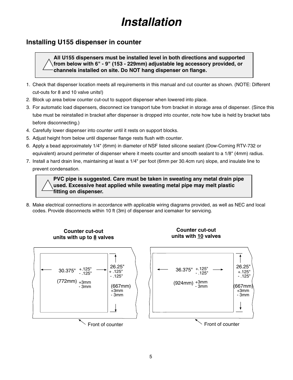 Installation, Installing u155 dispenser in counter | Follett U155 User Manual | Page 6 / 24
