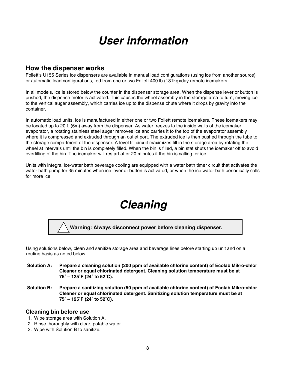 User information, Cleaning | Follett U155 User Manual | Page 9 / 24