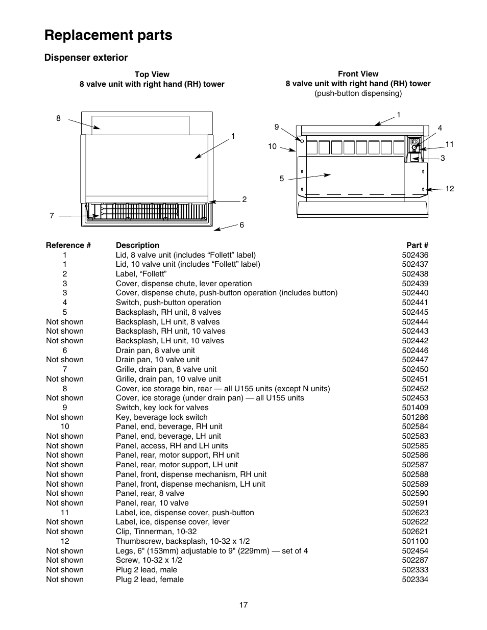 Replacement parts | Follett VU155K User Manual | Page 17 / 24