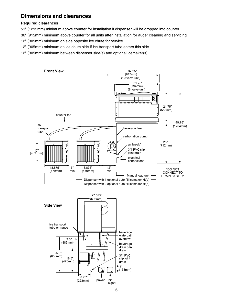 Dimensions and clearances | Follett VU155K User Manual | Page 6 / 24