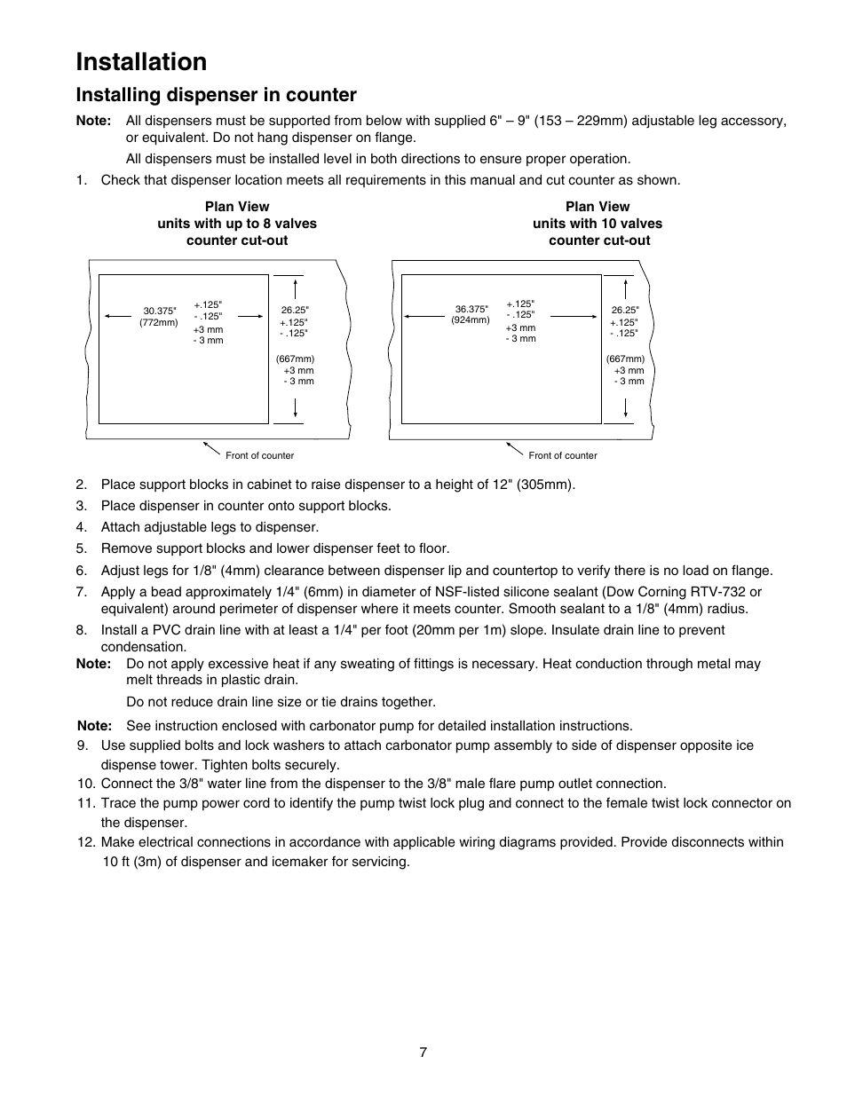Installation, Installing dispenser in counter | Follett VU155K User Manual | Page 7 / 24