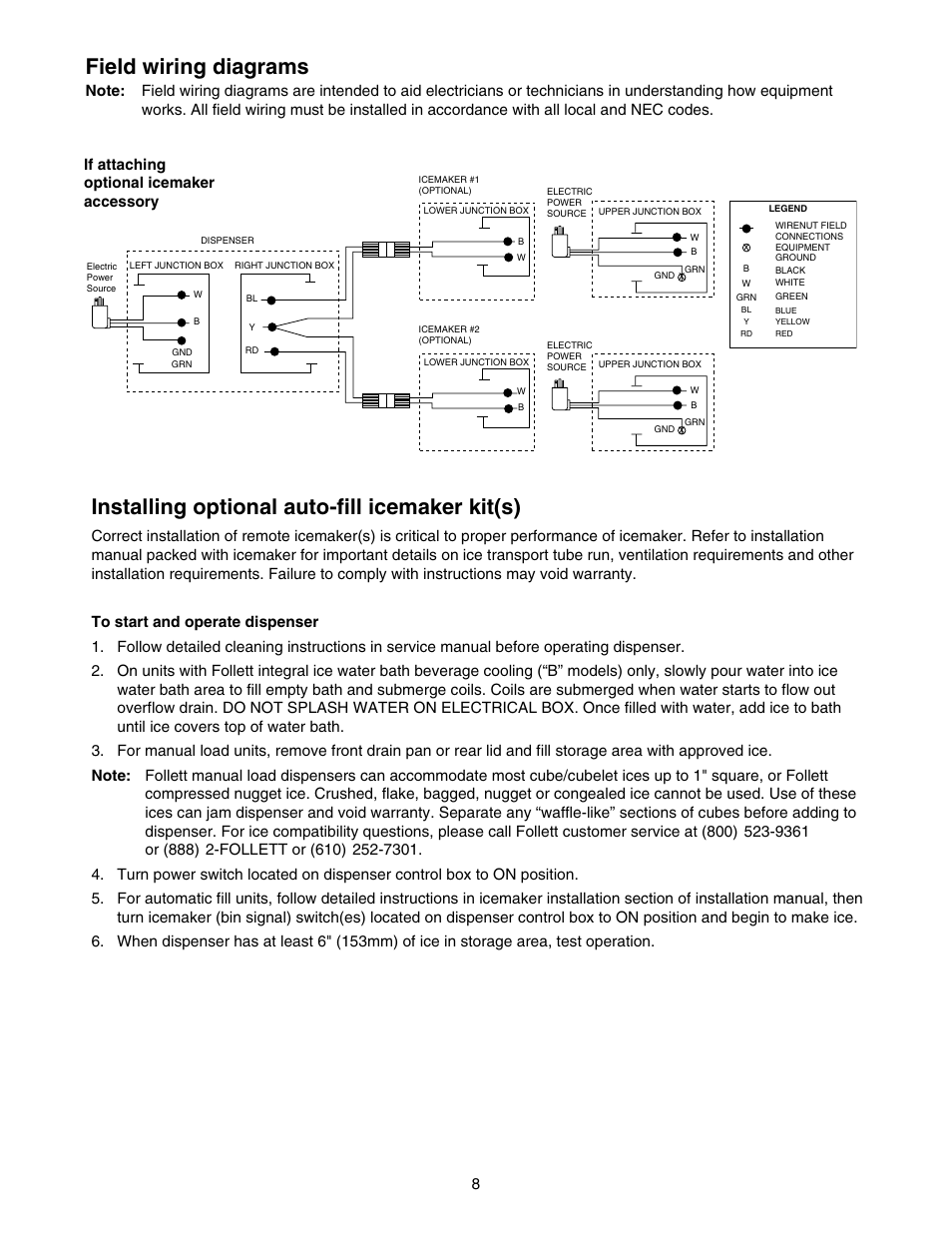 Field wiring diagrams, Installing optional auto-fill icemaker kit(s), If attaching optional icemaker accessory | Follett VU155K User Manual | Page 8 / 24