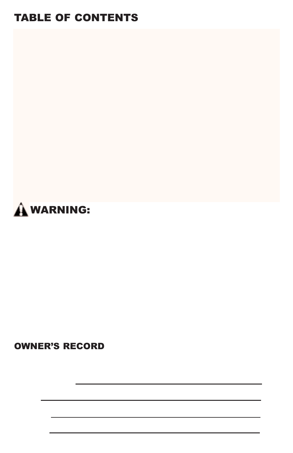 Table of contents warning, Owner’s record | Freecom Technologies RCS-S5000B User Manual | Page 2 / 16
