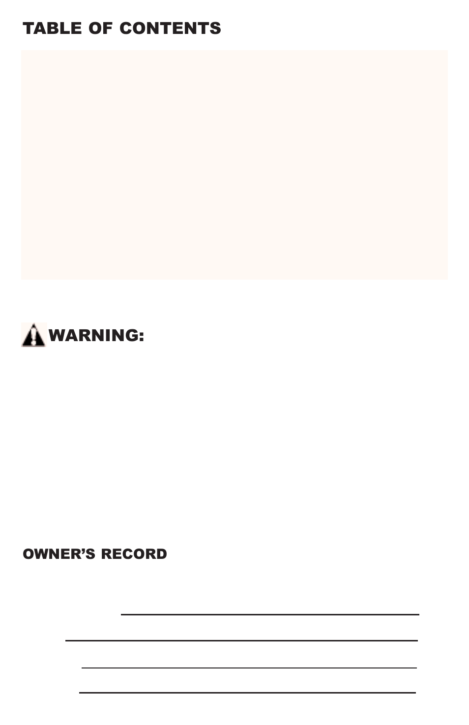 Table of contents warning, Owner’s record | Freecom Technologies RCS-M2000U User Manual | Page 2 / 16