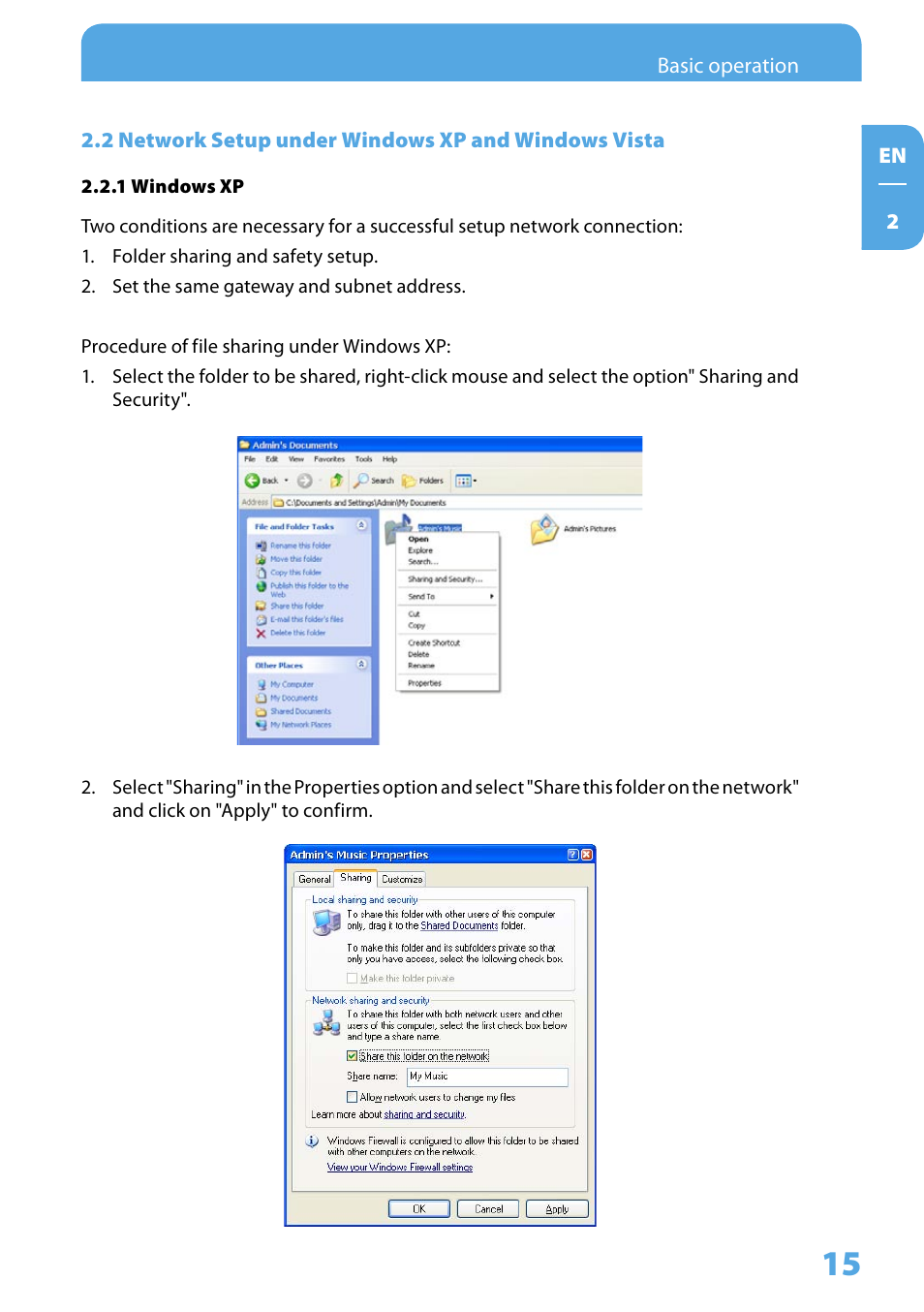 2 network setup under windows xp and windows vista | Freecom Technologies Media Player II User Manual | Page 15 / 43