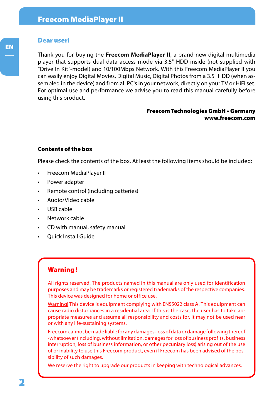 Dear user, Freecom mediaplayer ii | Freecom Technologies Media Player II User Manual | Page 2 / 43