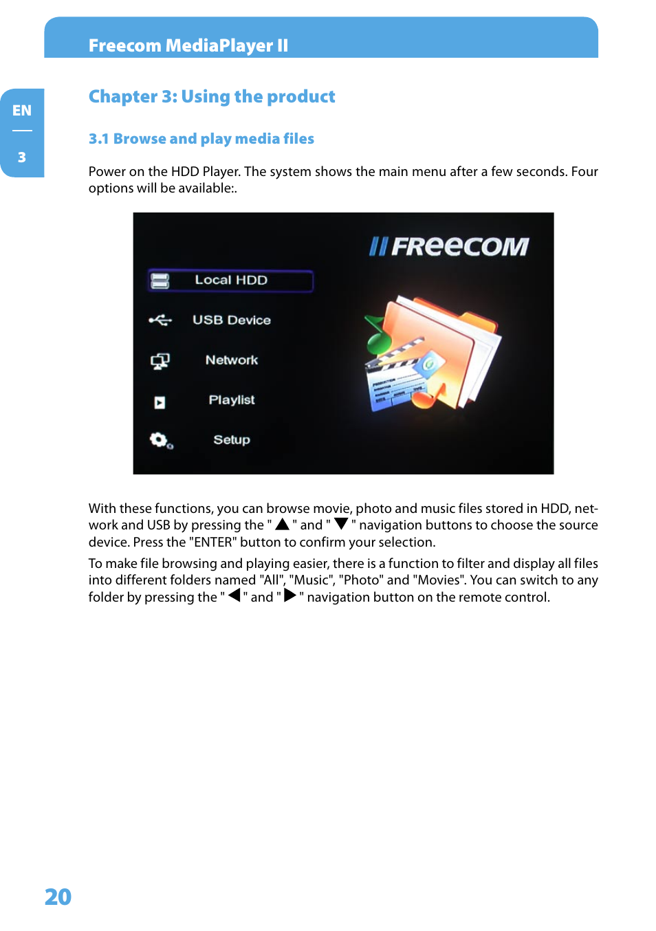 Chapter 3: using the product, 1 browse and play media files, Freecom mediaplayer ii | Chapter : using the product | Freecom Technologies Media Player II User Manual | Page 20 / 43
