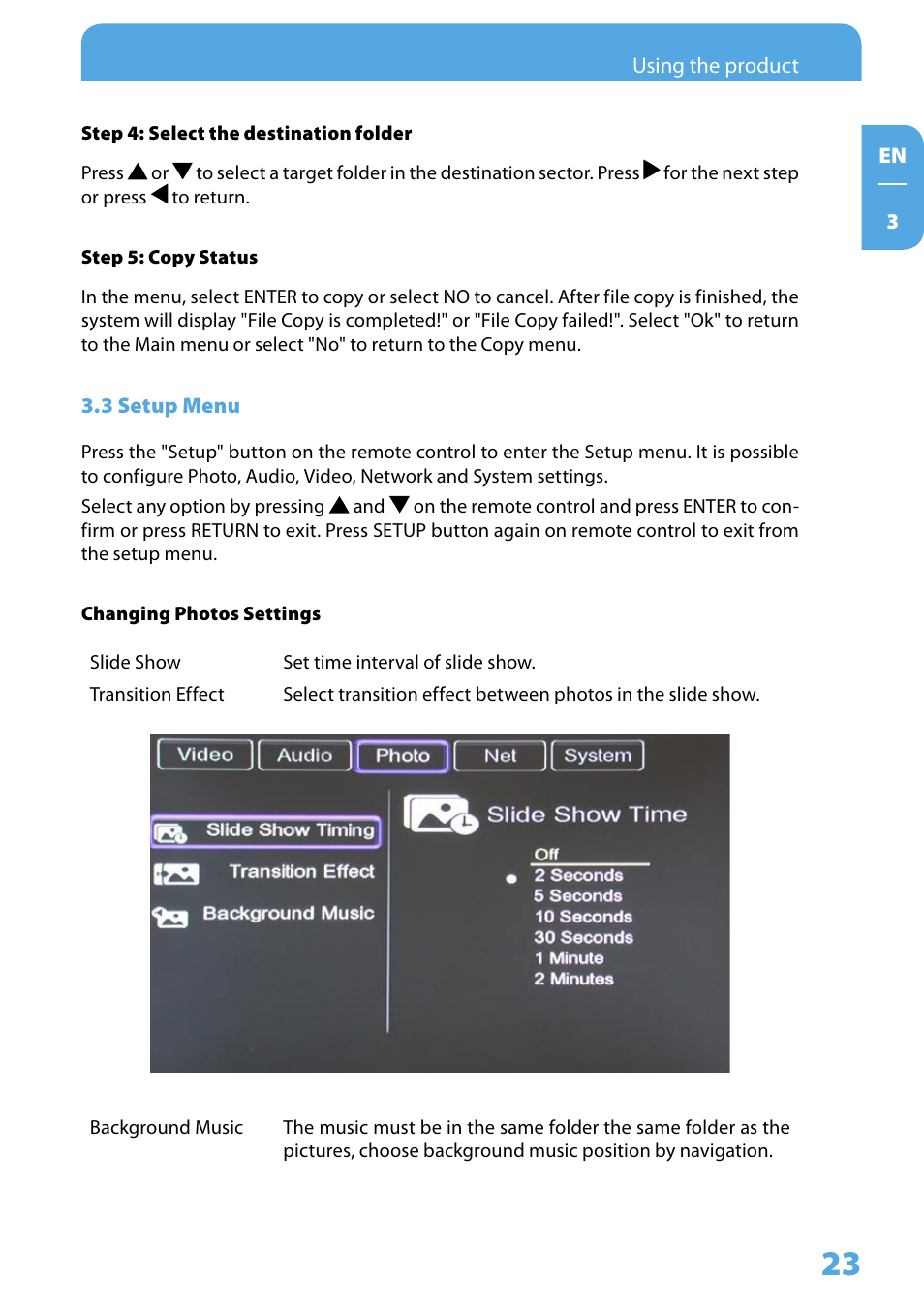 3 setup menu | Freecom Technologies Media Player II User Manual | Page 23 / 43