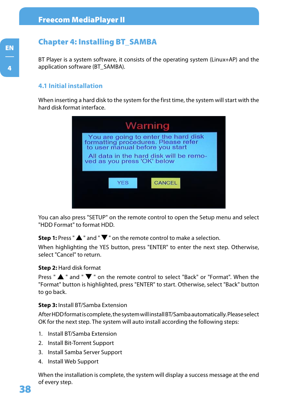 Chapter 4: installing bt_samba, 1 initial installation, Freecom mediaplayer ii | Freecom Technologies Media Player II User Manual | Page 38 / 43