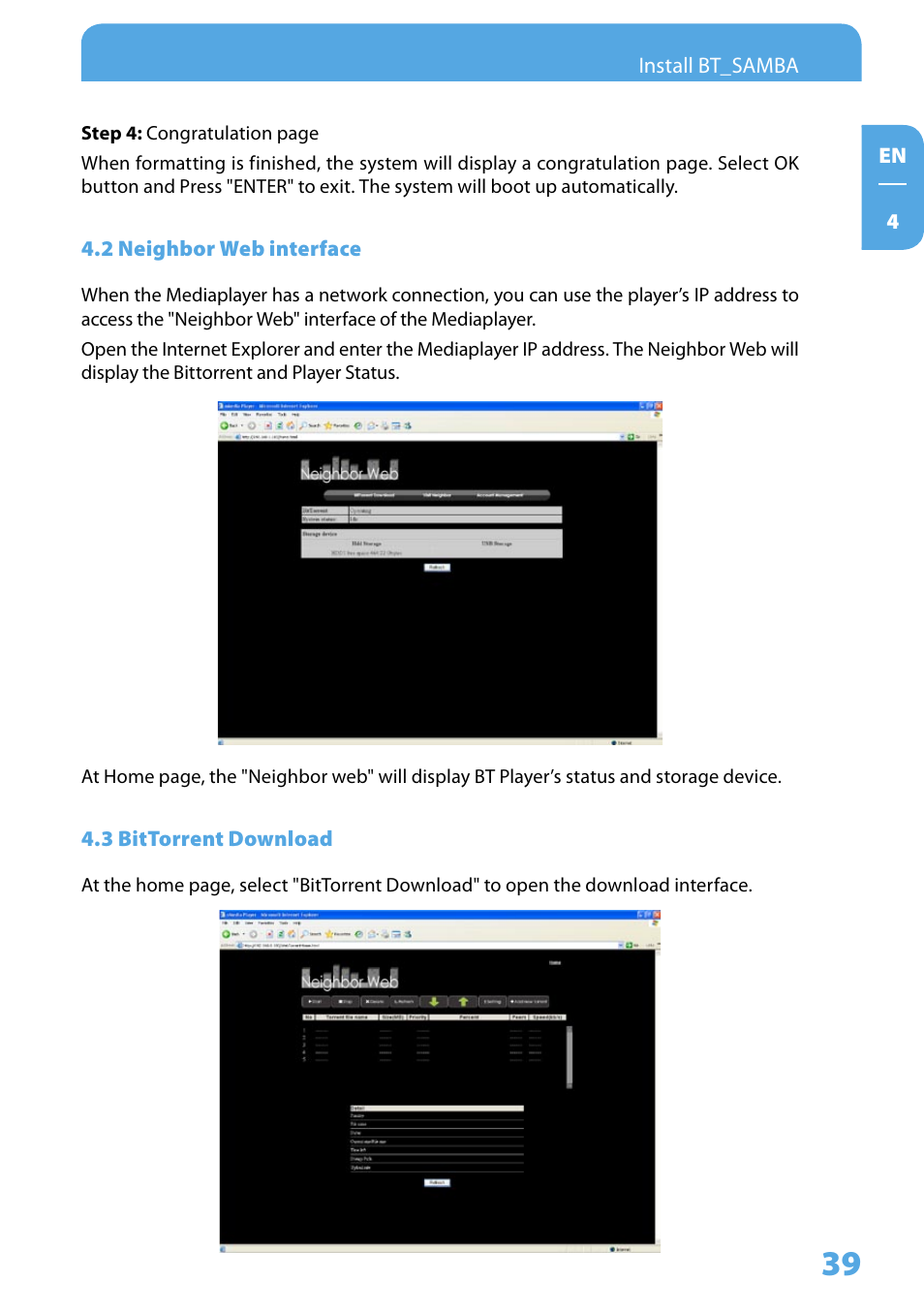 2 neighbor web interface, 3 bittorrent download | Freecom Technologies Media Player II User Manual | Page 39 / 43