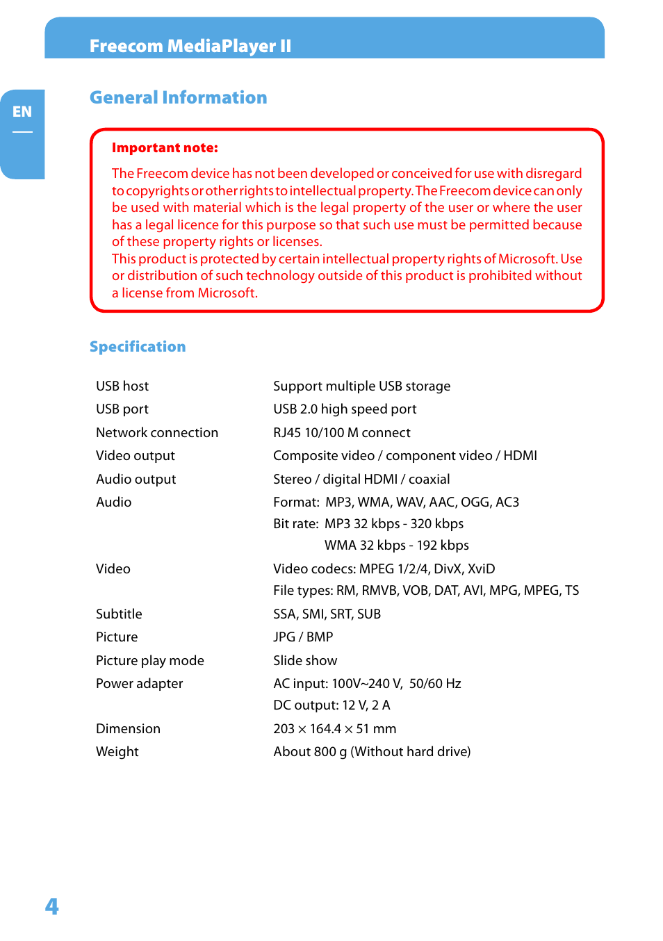 General information, Specification, Freecom mediaplayer ii | Freecom Technologies Media Player II User Manual | Page 4 / 43