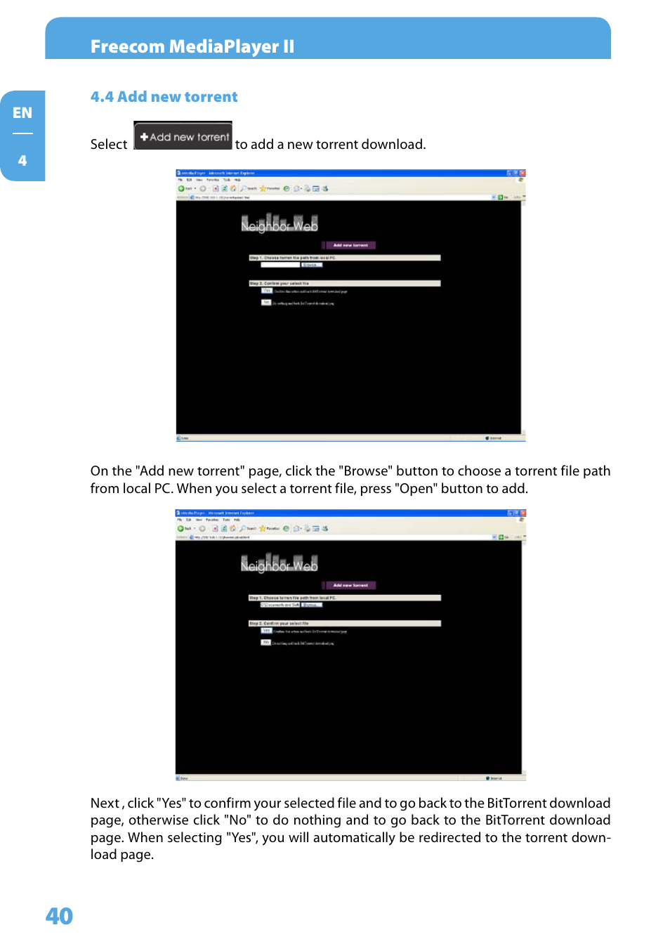 4 add new torrent, Freecom mediaplayer ii | Freecom Technologies Media Player II User Manual | Page 40 / 43