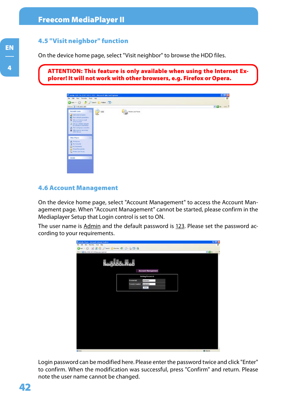 5 "visit neighbor" function, 6 account management, Freecom mediaplayer ii | Freecom Technologies Media Player II User Manual | Page 42 / 43