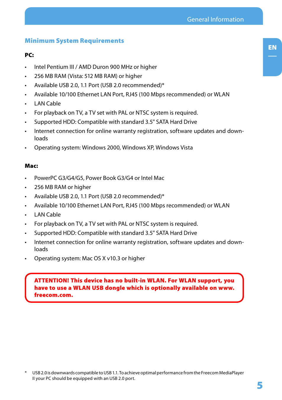Minimum system requirements | Freecom Technologies Media Player II User Manual | Page 5 / 43