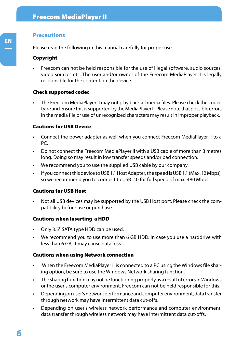 Precautions, Freecom mediaplayer ii | Freecom Technologies Media Player II User Manual | Page 6 / 43