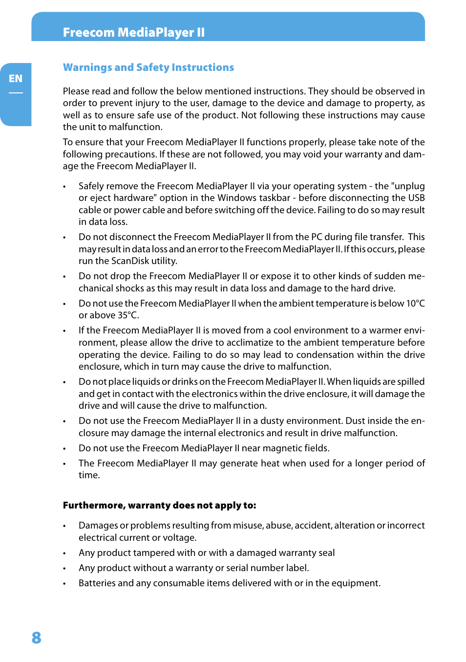 Warnings and safety instructions, Freecom mediaplayer ii | Freecom Technologies Media Player II User Manual | Page 8 / 43