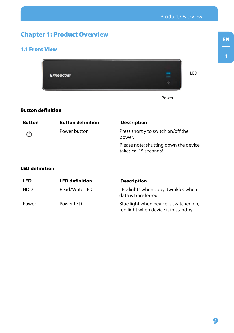 Chapter 1: product overview, 1 front view | Freecom Technologies Media Player II User Manual | Page 9 / 43