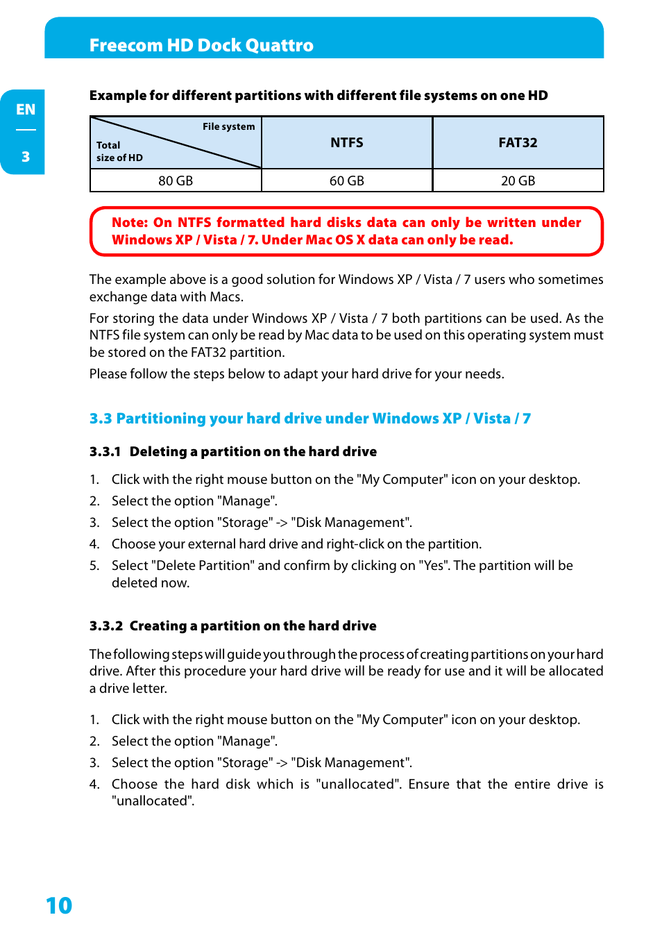 1 deleting a partition on the hard drive, 2 creating a partition on the hard drive, Freecom hd dock quattro | Freecom Technologies Hard Drive Dock Quattro User Manual | Page 10 / 19
