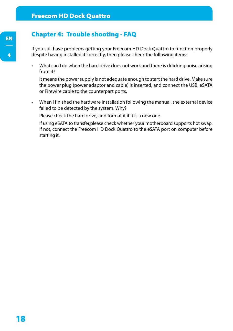 Chapter 4: trouble shooting - faq, Freecom hd dock quattro | Freecom Technologies Hard Drive Dock Quattro User Manual | Page 18 / 19