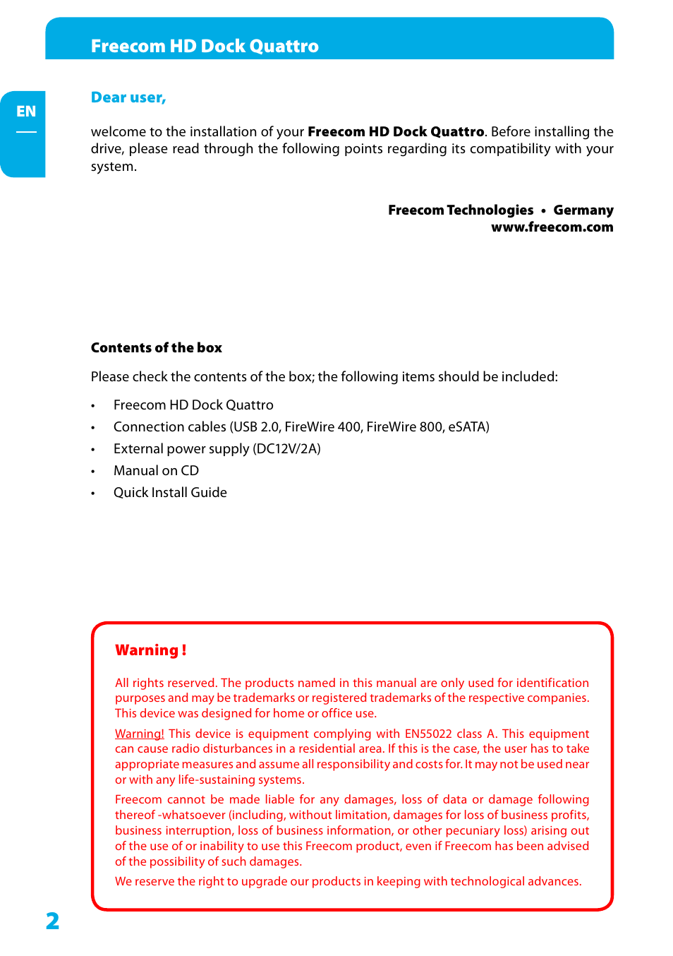 Dear user, Contents of the box, Warning | Freecom hd dock quattro | Freecom Technologies Hard Drive Dock Quattro User Manual | Page 2 / 19