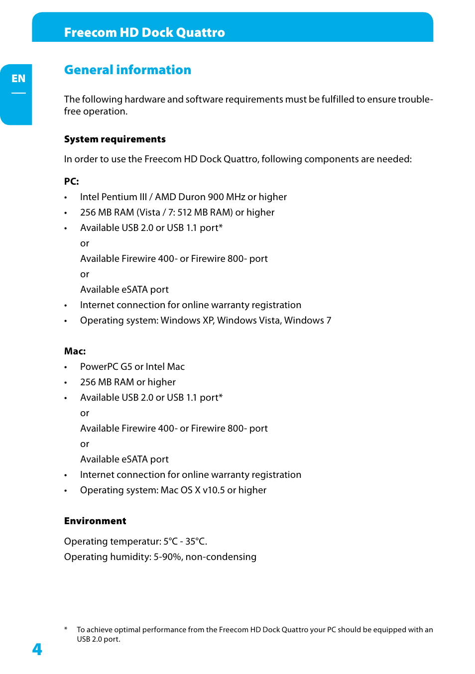 General information, System requirements, Environment | Freecom hd dock quattro | Freecom Technologies Hard Drive Dock Quattro User Manual | Page 4 / 19