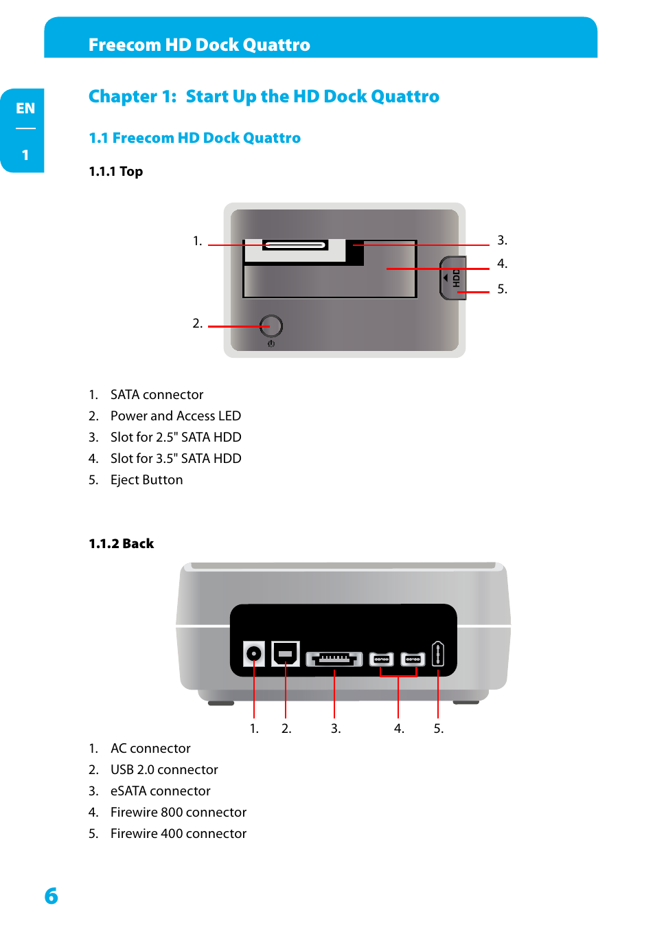 Chapter 1: start up the hd dock quattro, 1 freecom hd dock quattro, 1 top | 2 back, Freecom hd dock quattro | Freecom Technologies Hard Drive Dock Quattro User Manual | Page 6 / 19