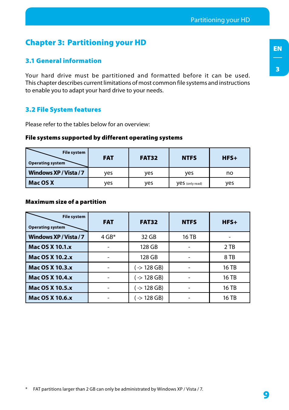 Chapter 3: partitioning your hd, 1 general information, 2 file system features | Chapter : partitioning your hd | Freecom Technologies Hard Drive Dock Quattro User Manual | Page 9 / 19