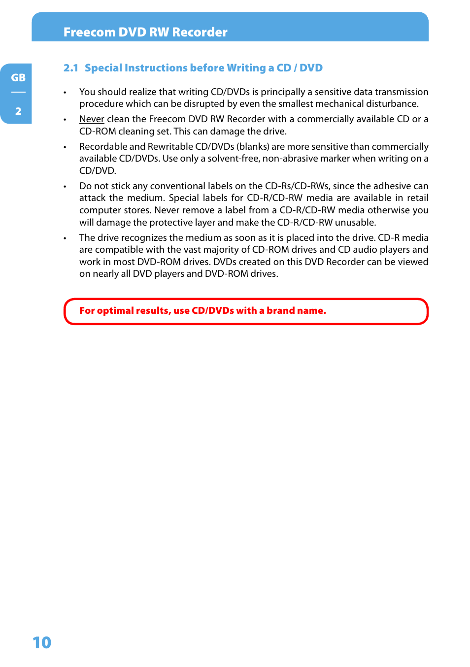 1 special instructions before writing a cd / dvd, Freecom dvd rw recorder | Freecom Technologies DVD RW Recorder User Manual | Page 10 / 14