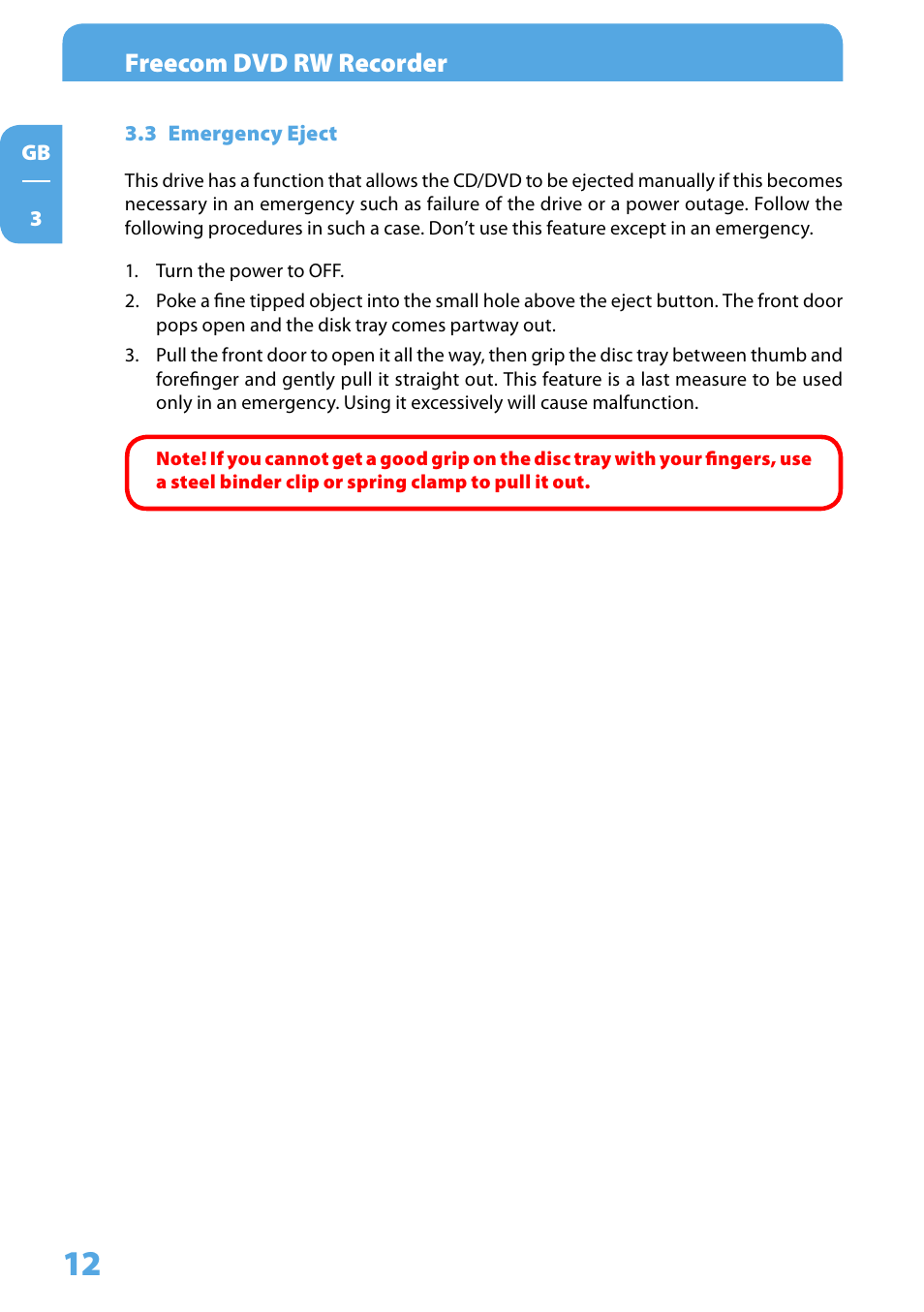 3 emergency eject, Freecom dvd rw recorder | Freecom Technologies DVD RW Recorder User Manual | Page 12 / 14