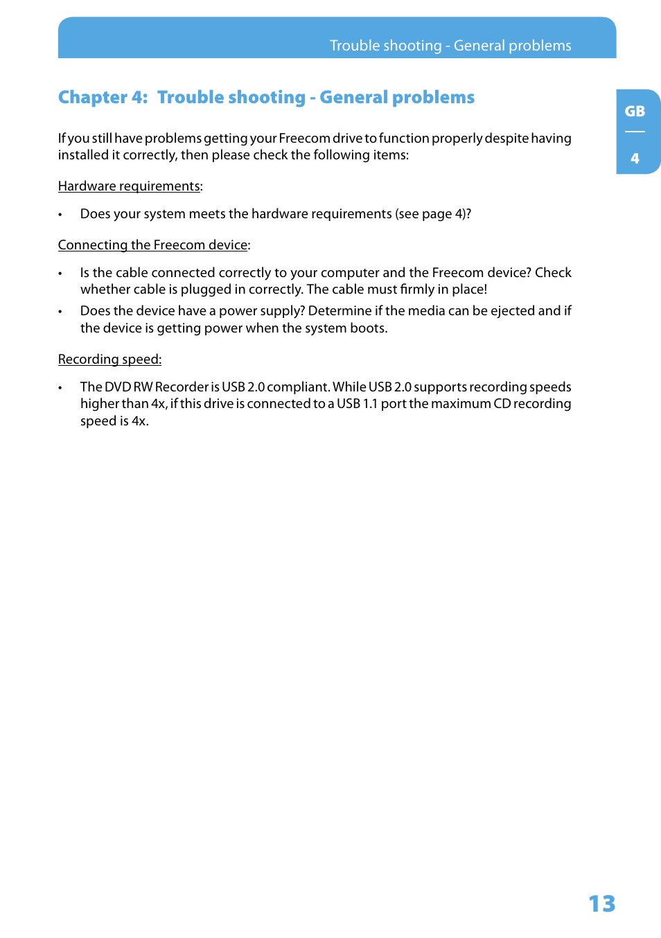Chapter 4: trouble shooting - general problems | Freecom Technologies DVD RW Recorder User Manual | Page 13 / 14