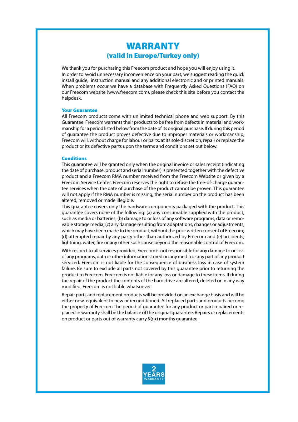 Warranty, Valid in europe/turkey only) | Freecom Technologies DVD RW Recorder User Manual | Page 14 / 14
