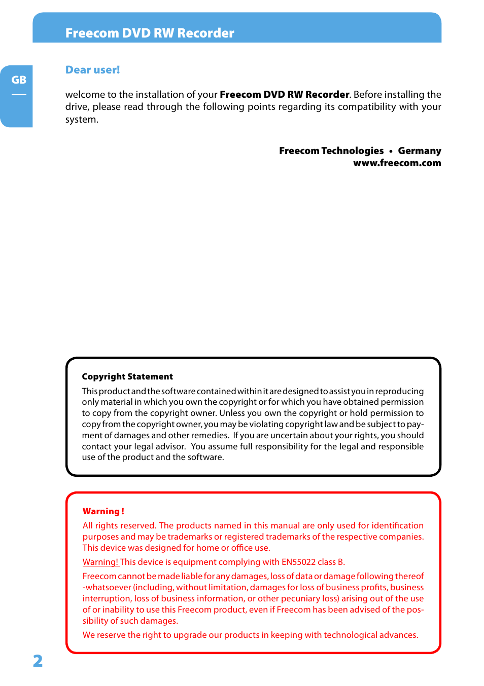 Dear user, Copyright statement, Warning | Freecom dvd rw recorder | Freecom Technologies DVD RW Recorder User Manual | Page 2 / 14