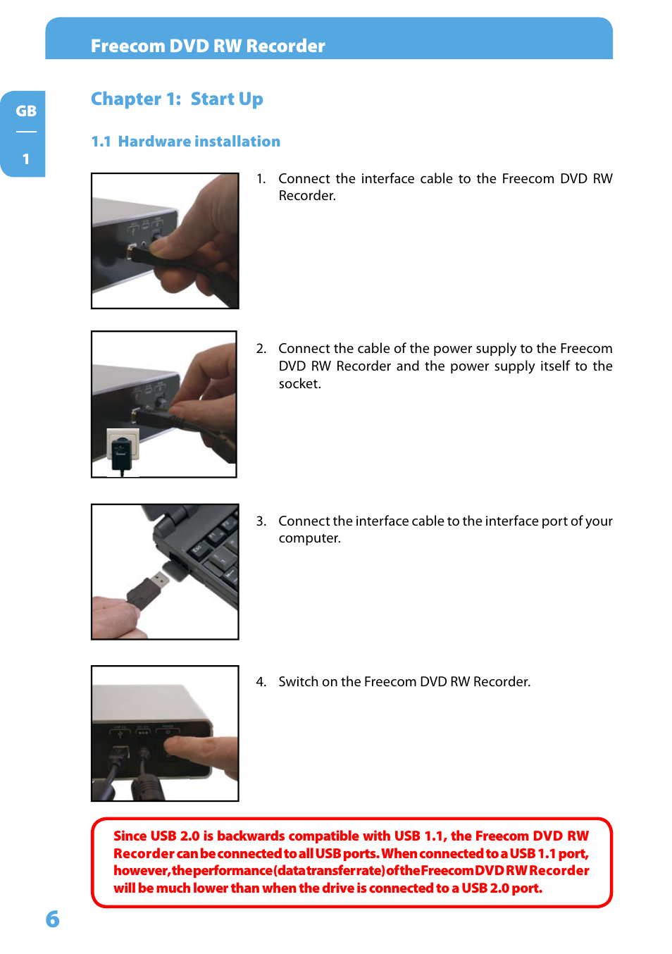 Chapter 1: start up, 1 hardware installation, Freecom dvd rw recorder | Freecom Technologies DVD RW Recorder User Manual | Page 6 / 14