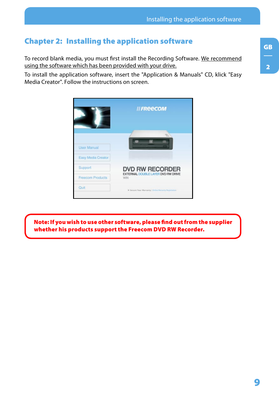 Chapter 2: installing the application software | Freecom Technologies DVD RW Recorder User Manual | Page 9 / 14