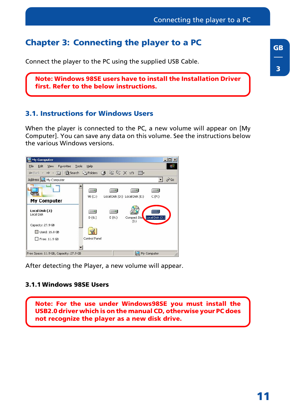 Chapter 3: connecting the player to a pc, Instructions for windows users, 1 windows 98se users | Freecom Technologies Multimedia Player User Manual | Page 11 / 48