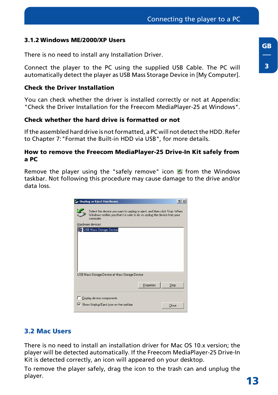 2 windows me/2000/xp users, 2 mac users | Freecom Technologies Multimedia Player User Manual | Page 13 / 48