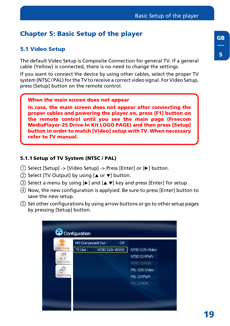 Chapter 5: basic setup of the player, 1 video setup, 1 setup of tv system (ntsc / pal) | Freecom Technologies Multimedia Player User Manual | Page 19 / 48