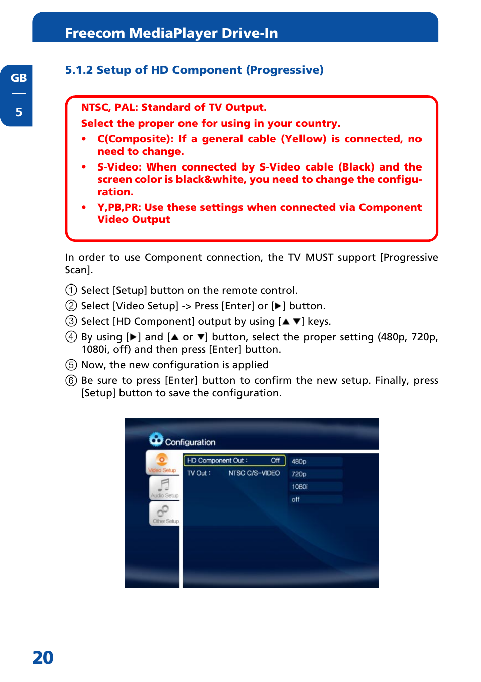 2 setup of hd component (progressive), Freecom mediaplayer drive-in | Freecom Technologies Multimedia Player User Manual | Page 20 / 48