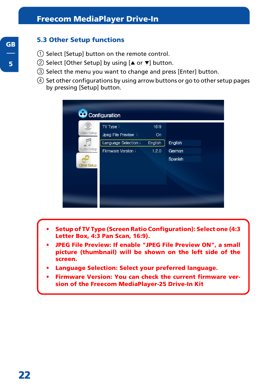 3 other setup functions, Freecom mediaplayer drive-in | Freecom Technologies Multimedia Player User Manual | Page 22 / 48