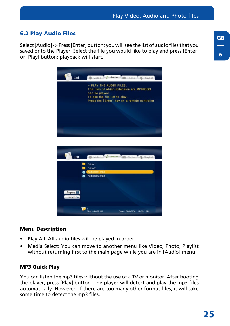 2 play audio files | Freecom Technologies Multimedia Player User Manual | Page 25 / 48